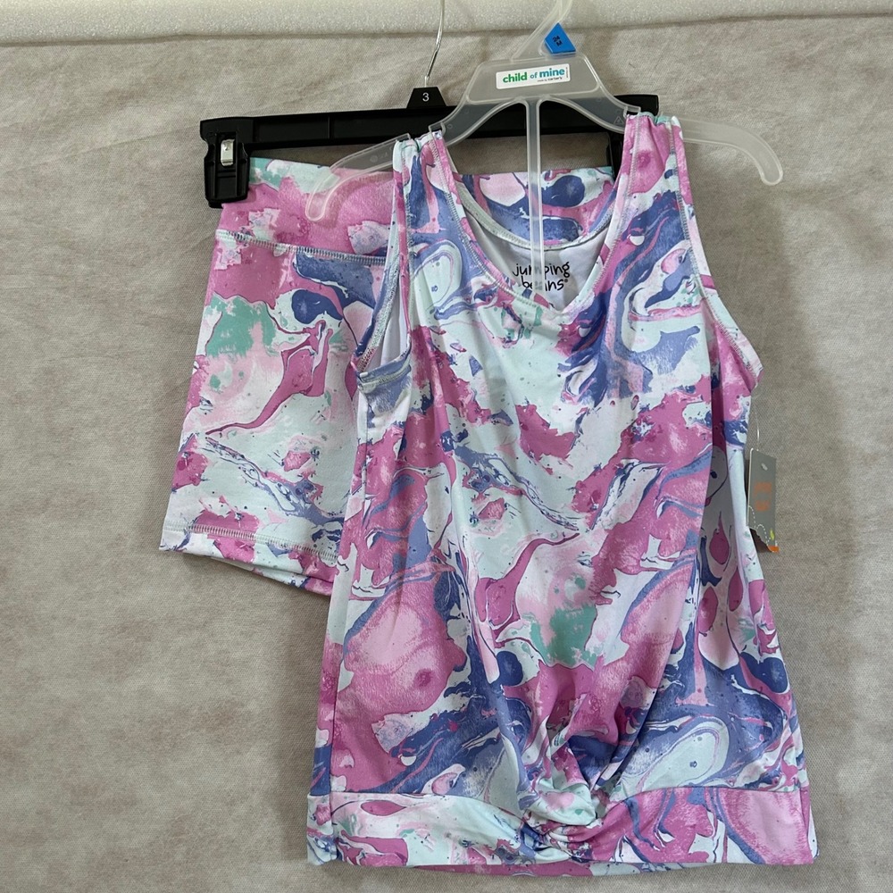 Jumping Beans Girls Active 2 Piece Set Pink Purple Marble Tank Shorts Size 7 NEW